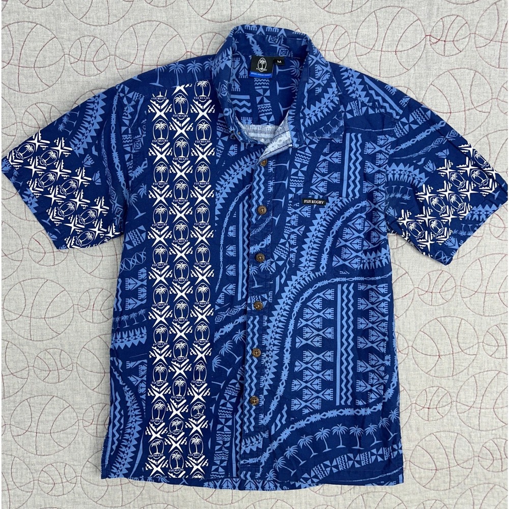 Fiji Rugby Button Up Shirt Blue Tribal Polynesian Print‎ / Mens Medium